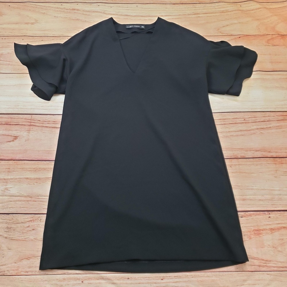 Zara Woman Dress Womens Medium Black V Neck‎ Ruffle Sleeve Shift Mini Casual
